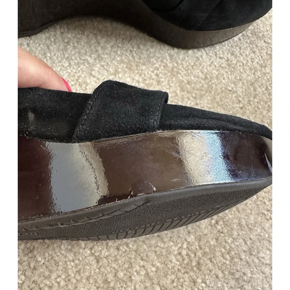 Stuart Weitzman Black Suede Brown‎ Wood Wedge Shoes Size 8 1/2 Silver Studs Read - Picture 13 of 13